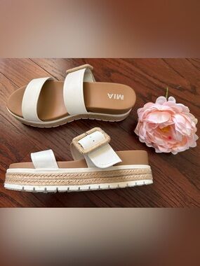 MIA White Espadrille Platform Slide Sandals Rope Buckle Size 9